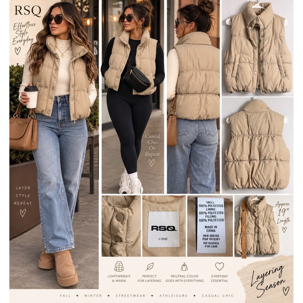 RSQ Women Tan Puffer Vest Cropped Quilted Snap Front Sleeveless Jacket XS